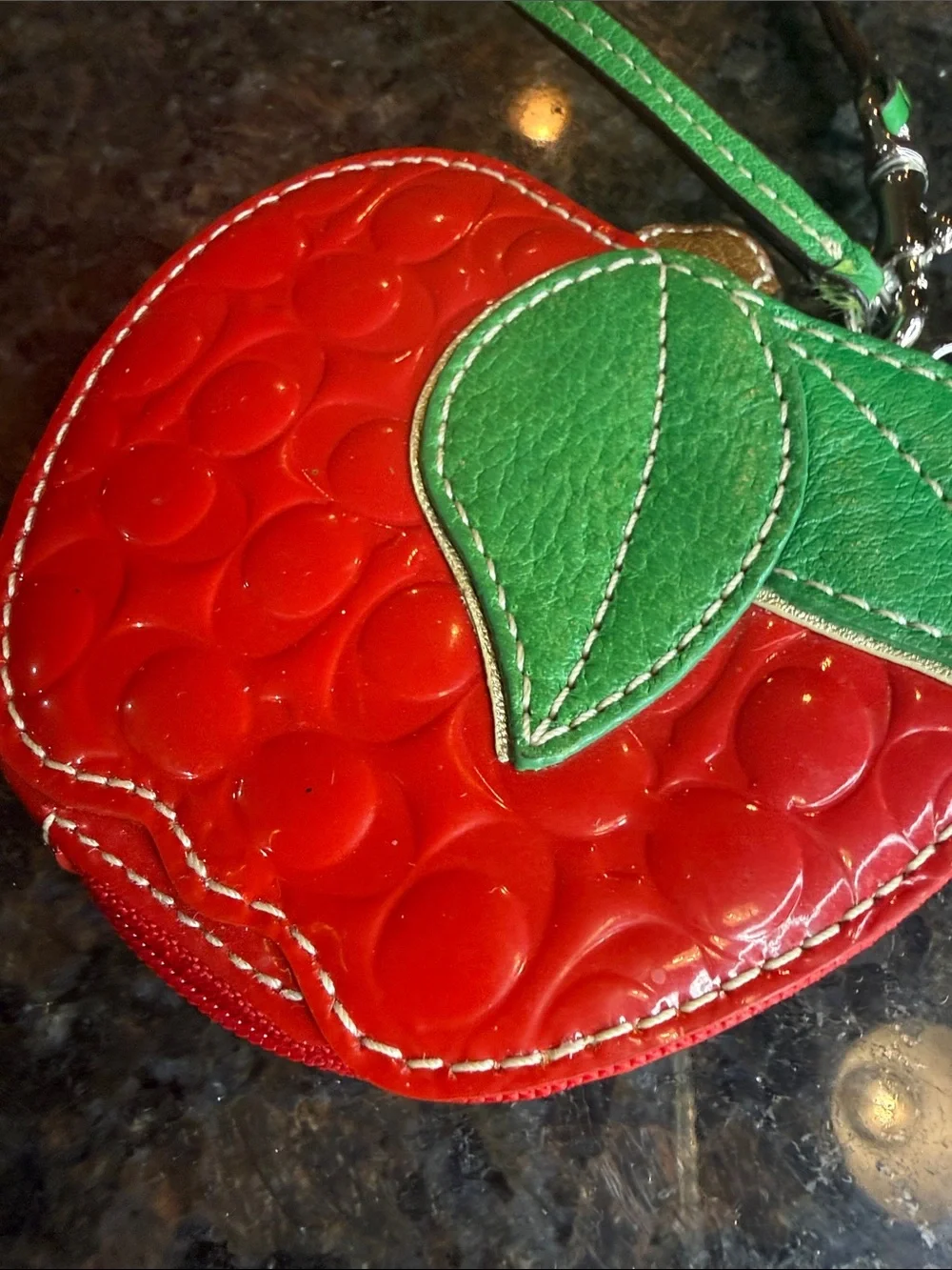 Rare Vintage Coach Red Patent Apple Wristlet Key & Card Holder with Green Leaf
